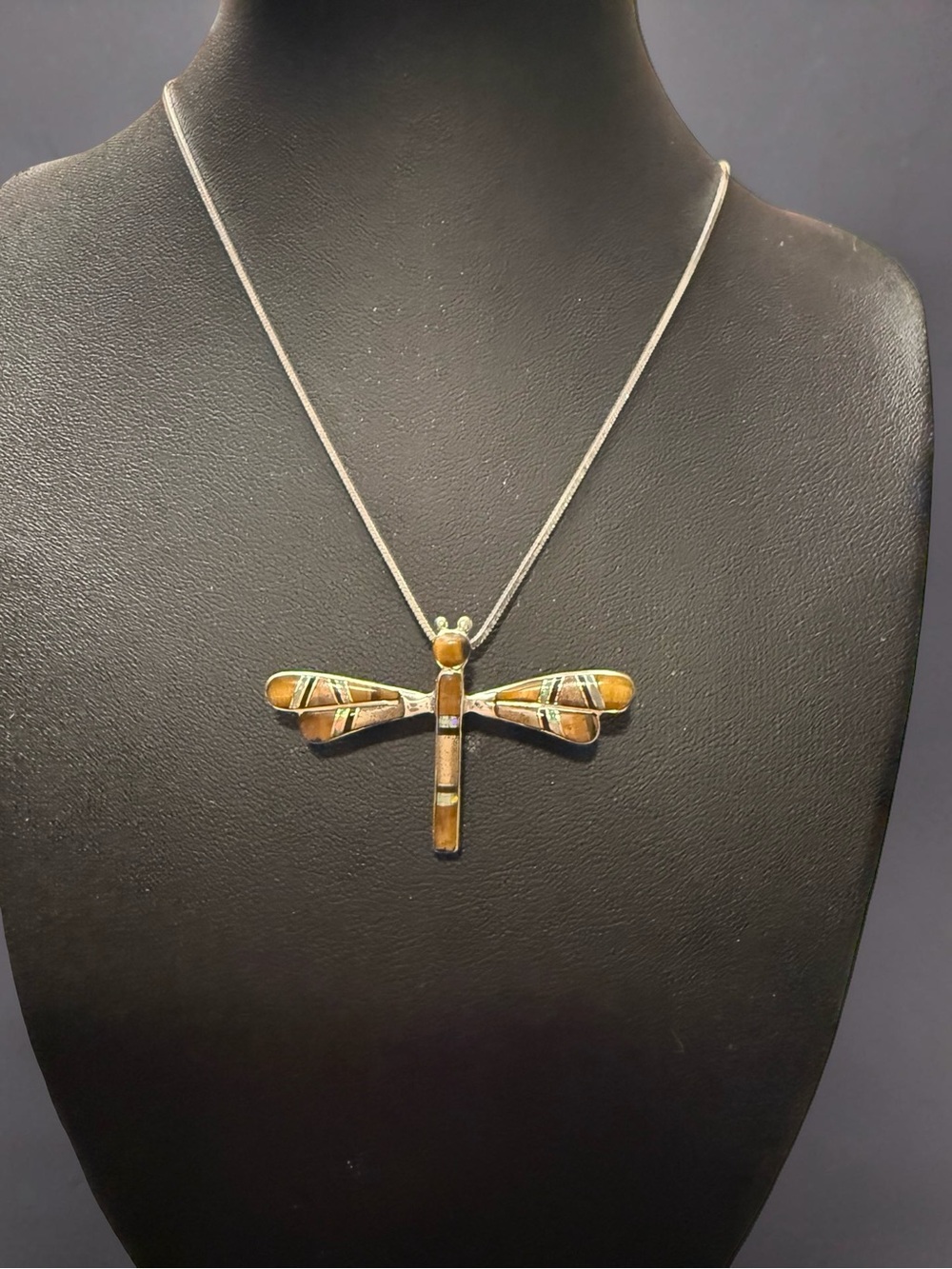 Dragonfly Inlay Pendant Necklace in Brown and Gold - Women Jewelry